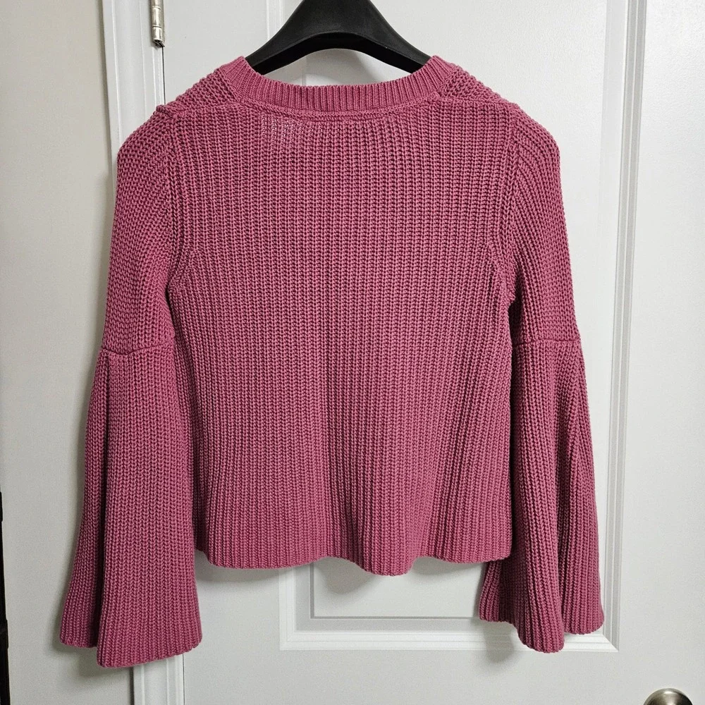 Free People Cropped Sweater Womens Sm Pink Damsel Bell‎ Sleeve V-Neck Knit Boho